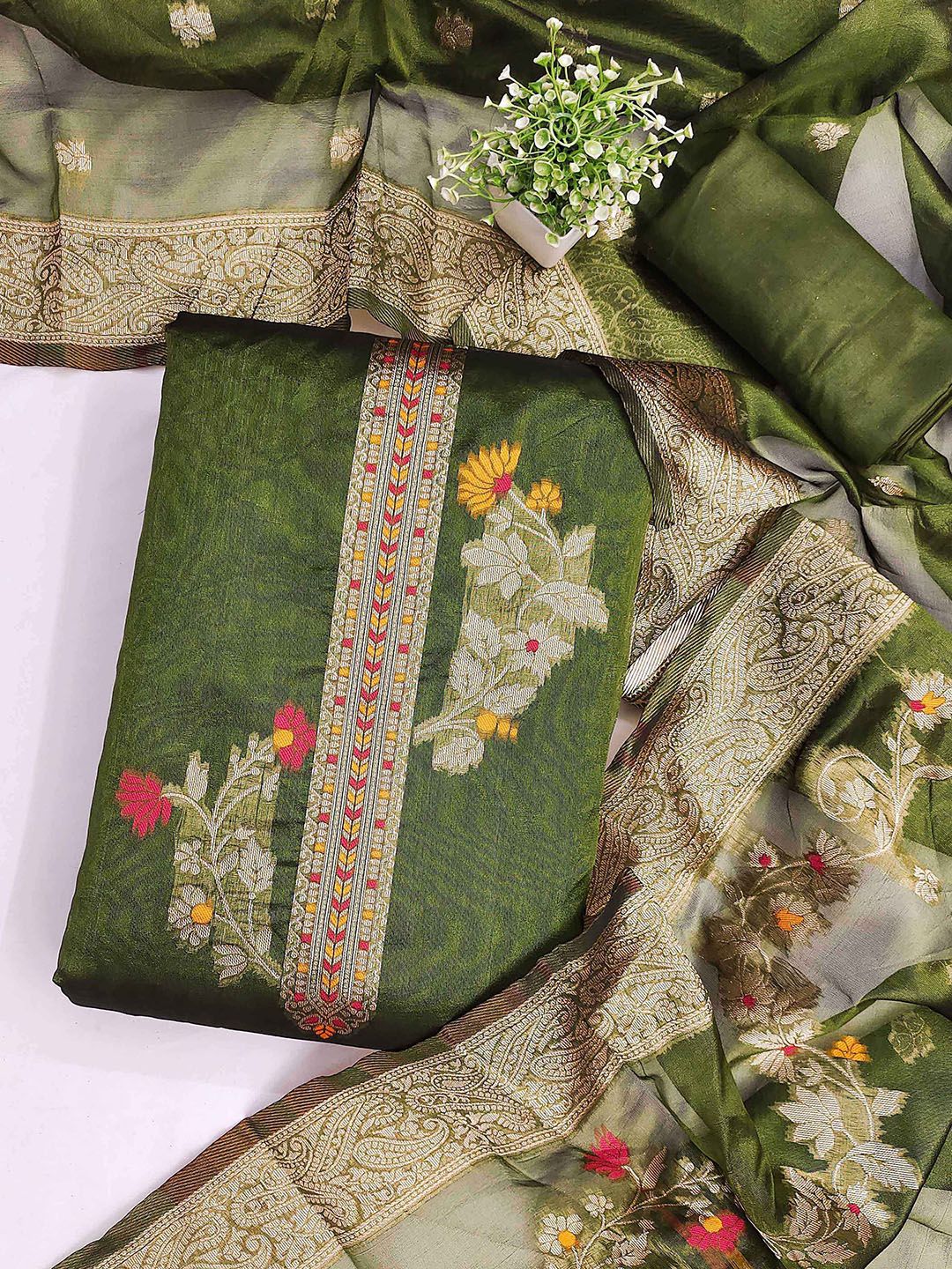 KALINI Floral Woven Design Zari Banarasi Jacquard Unstitched Dress Material-picture-23