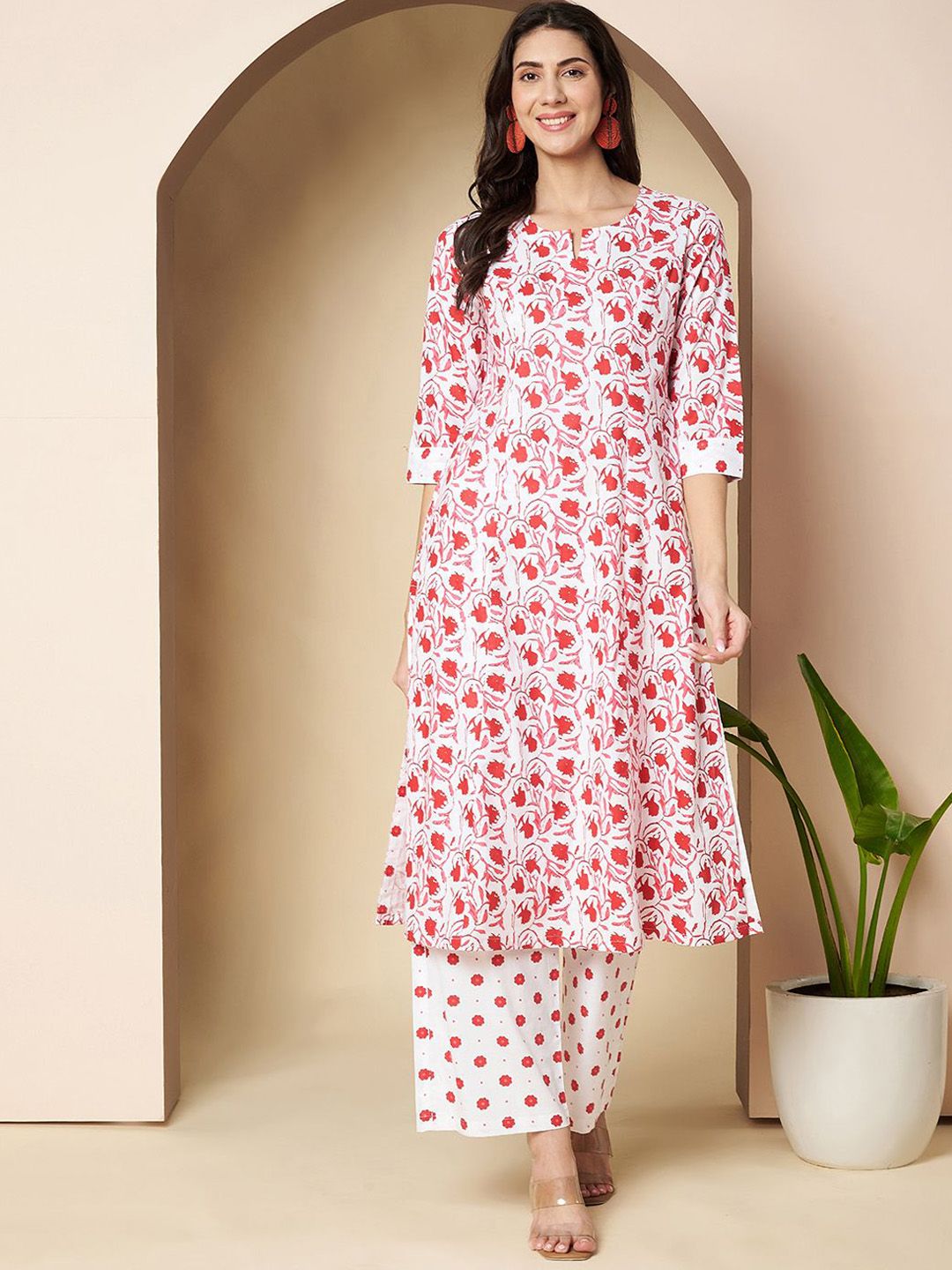 Poshak Hub Floral Printed Notch Neck A-Line Pure Cotton Kurta With Palazzos