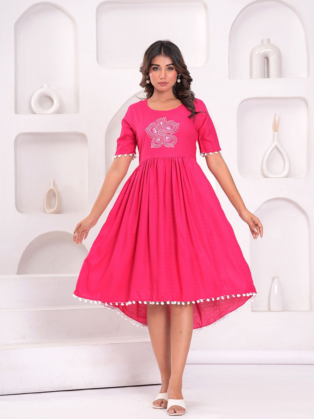 Meeranshi Floral Printed Pom-Pom Liva High-Low Hemline Fit & Flare Midi Dress-picture-29