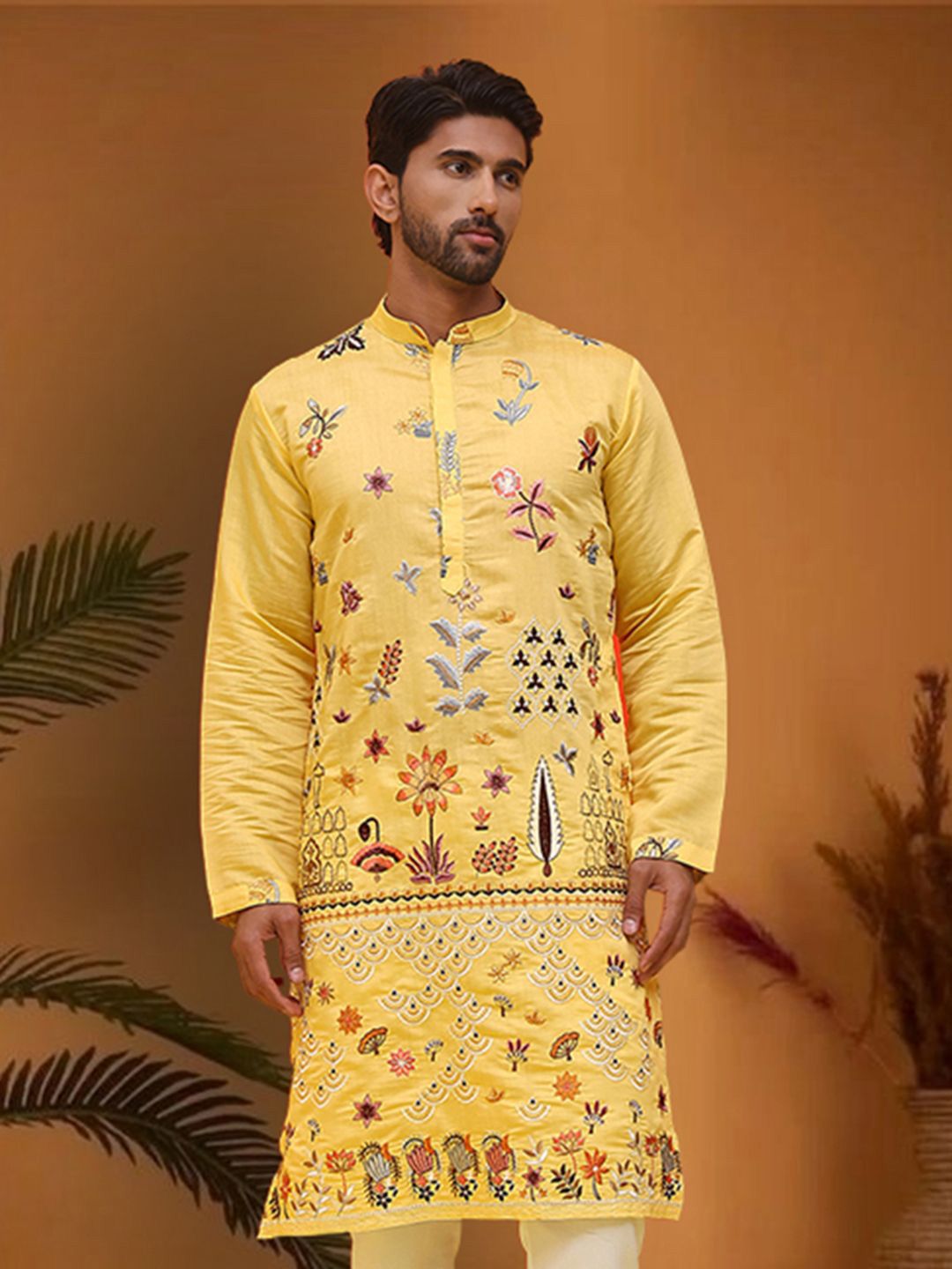 Jompers Men Floral Embroidered Chikankari Floral Silk Kurta-picture-32