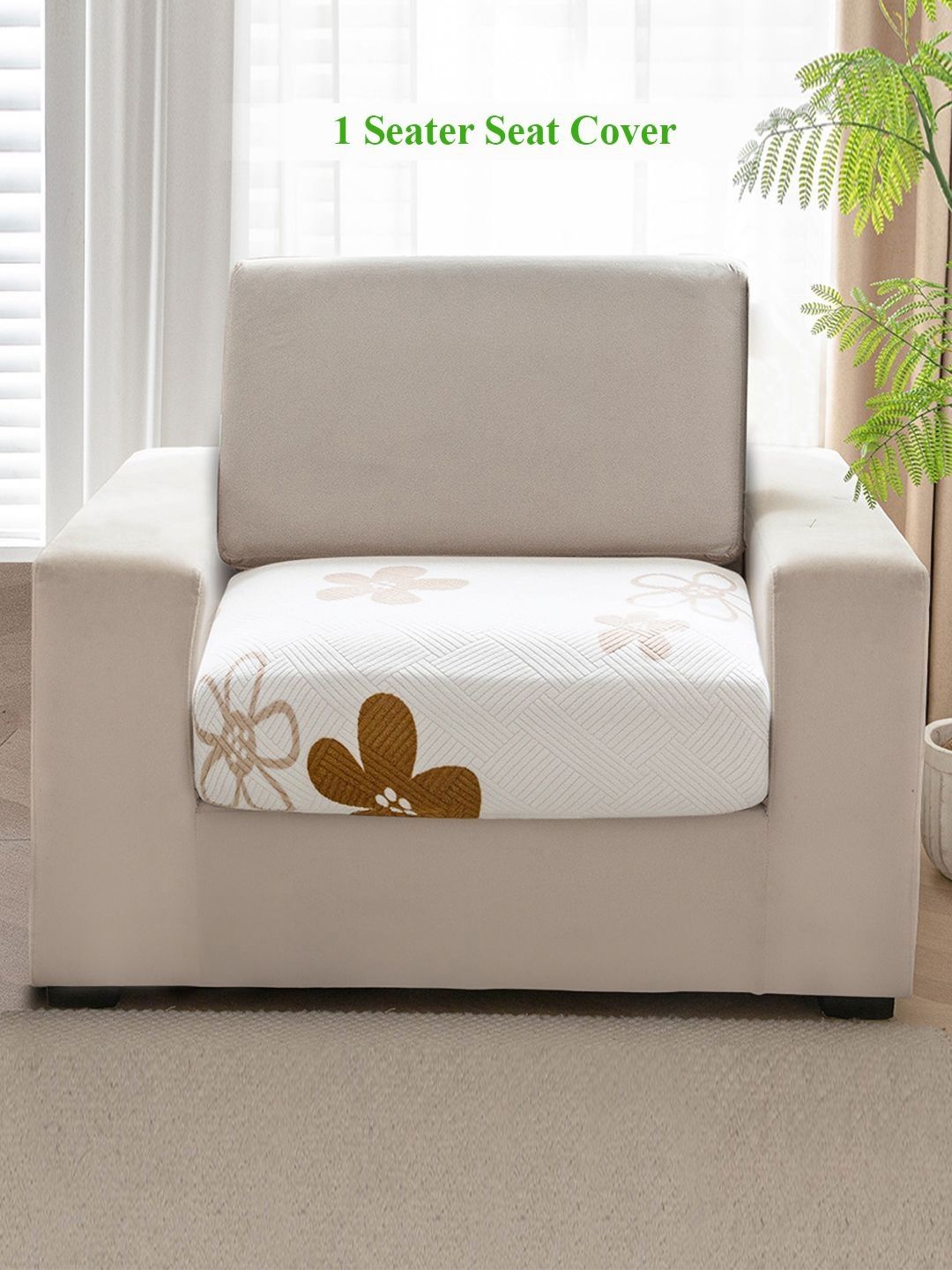 HOKIPO Brown & White Floral Printed Fleece 1 Seater Sofa Seat Cover-picture-39