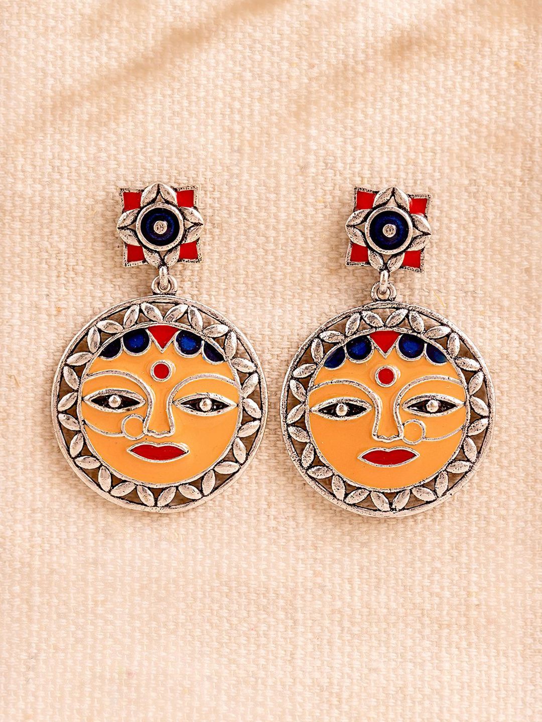 Voylla Silver-Plated Circular Shaped Oxidised Enamel Studs Earrings-picture-14