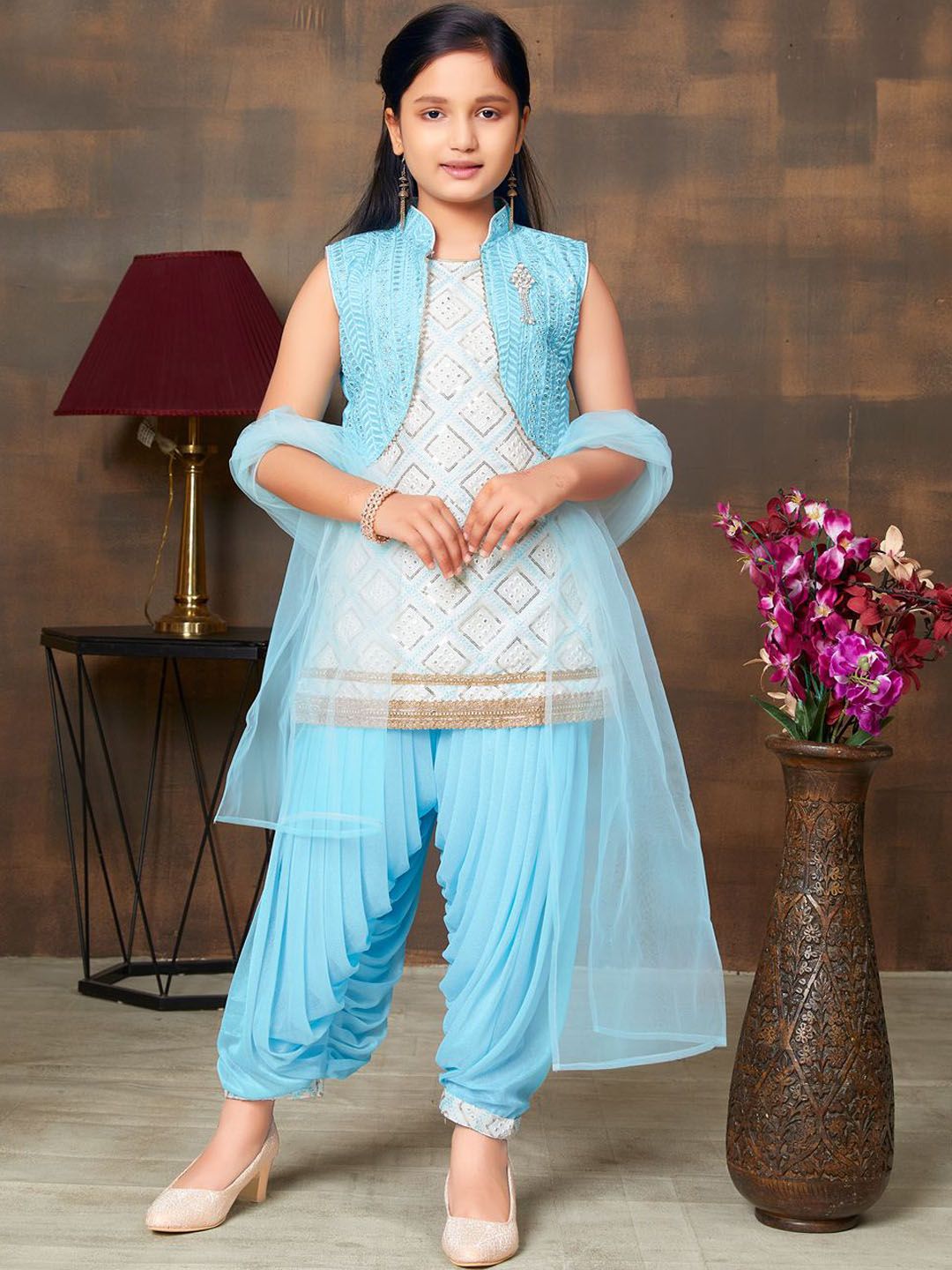 Aarika Girls Ethnic Motifs Embroidered Regular Thread Work Pure Silk Kurti with Patiala & With Dupatta-picture-11