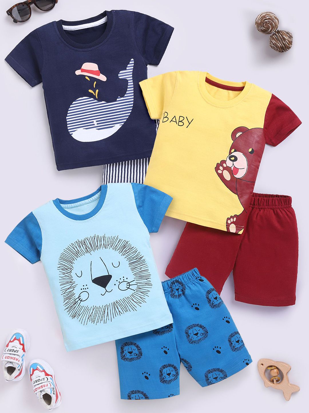 Blushh Berry Boys Pack Of 3 Printed Pure Cotton Short Sleeves T-shirt With Shorts-picture-17