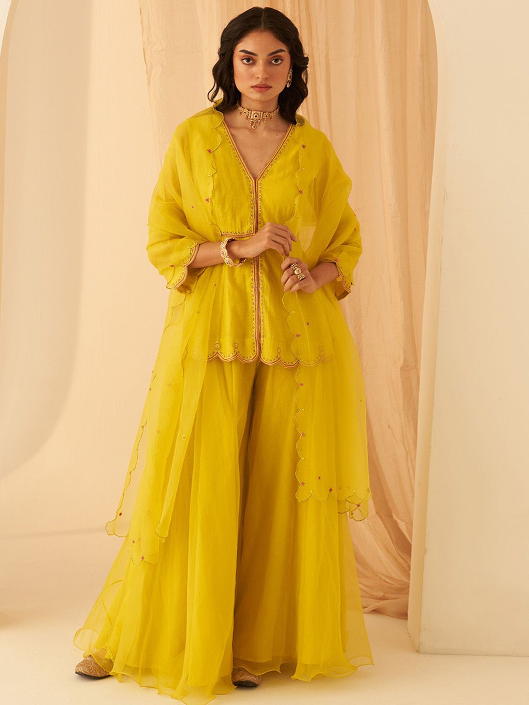 JANKI INDIA Women Regular Chanderi Silk Kurta with Palazzos & With Dupatta-image-16