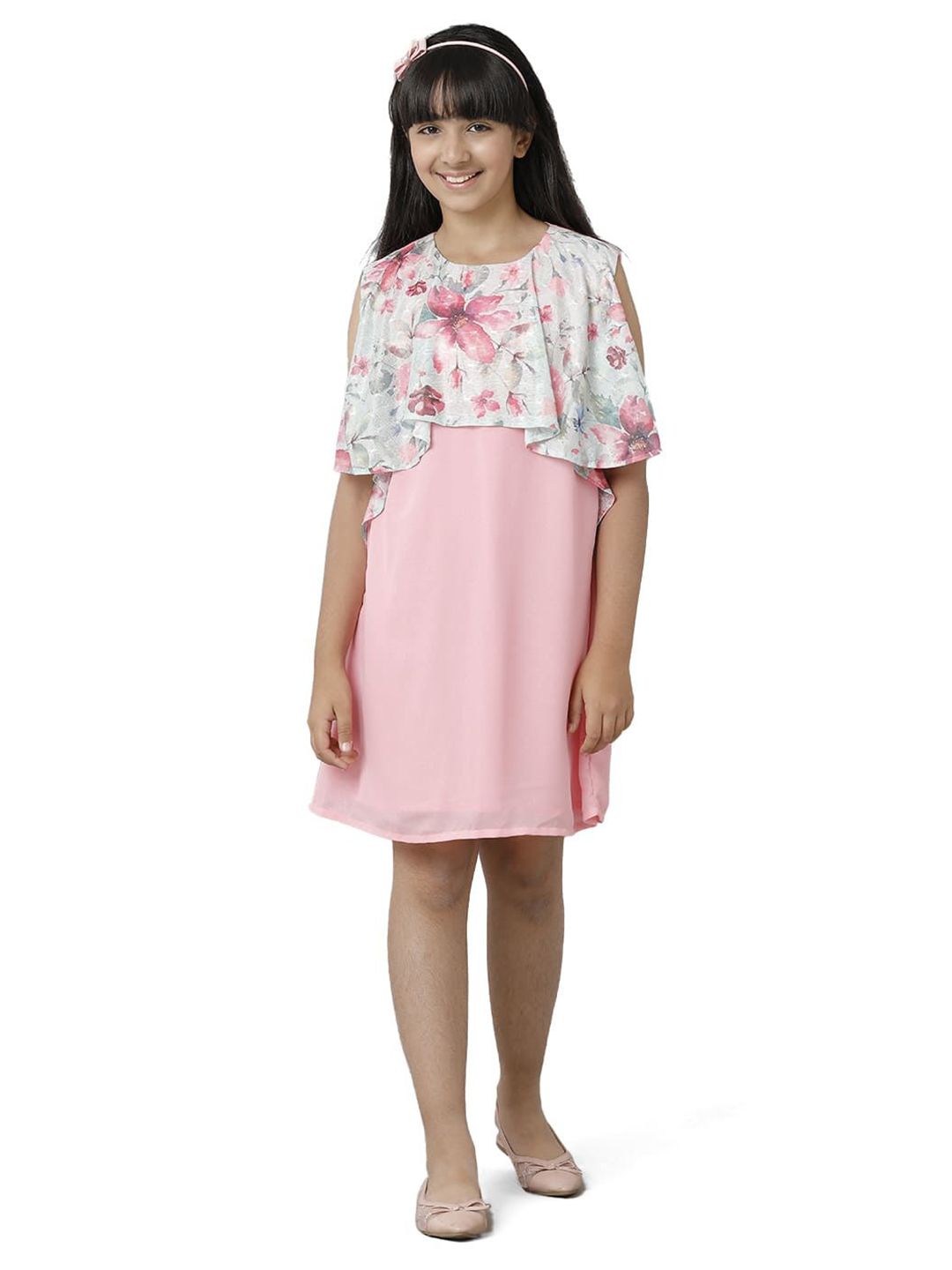 UNDER FOURTEEN ONLY Girls Floral Print Cape Sleeve Chiffon A-Line Dress-picture-33