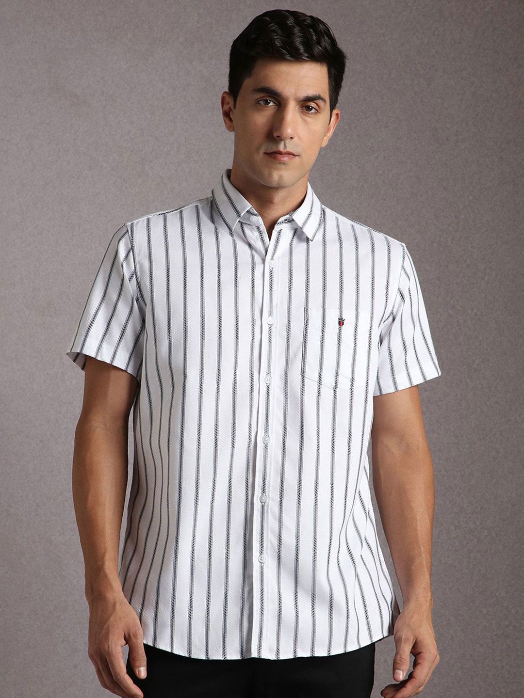 Louis Philippe Sport Slim Fit Striped Short Sleeves Pure Cotton Shirt-picture-10