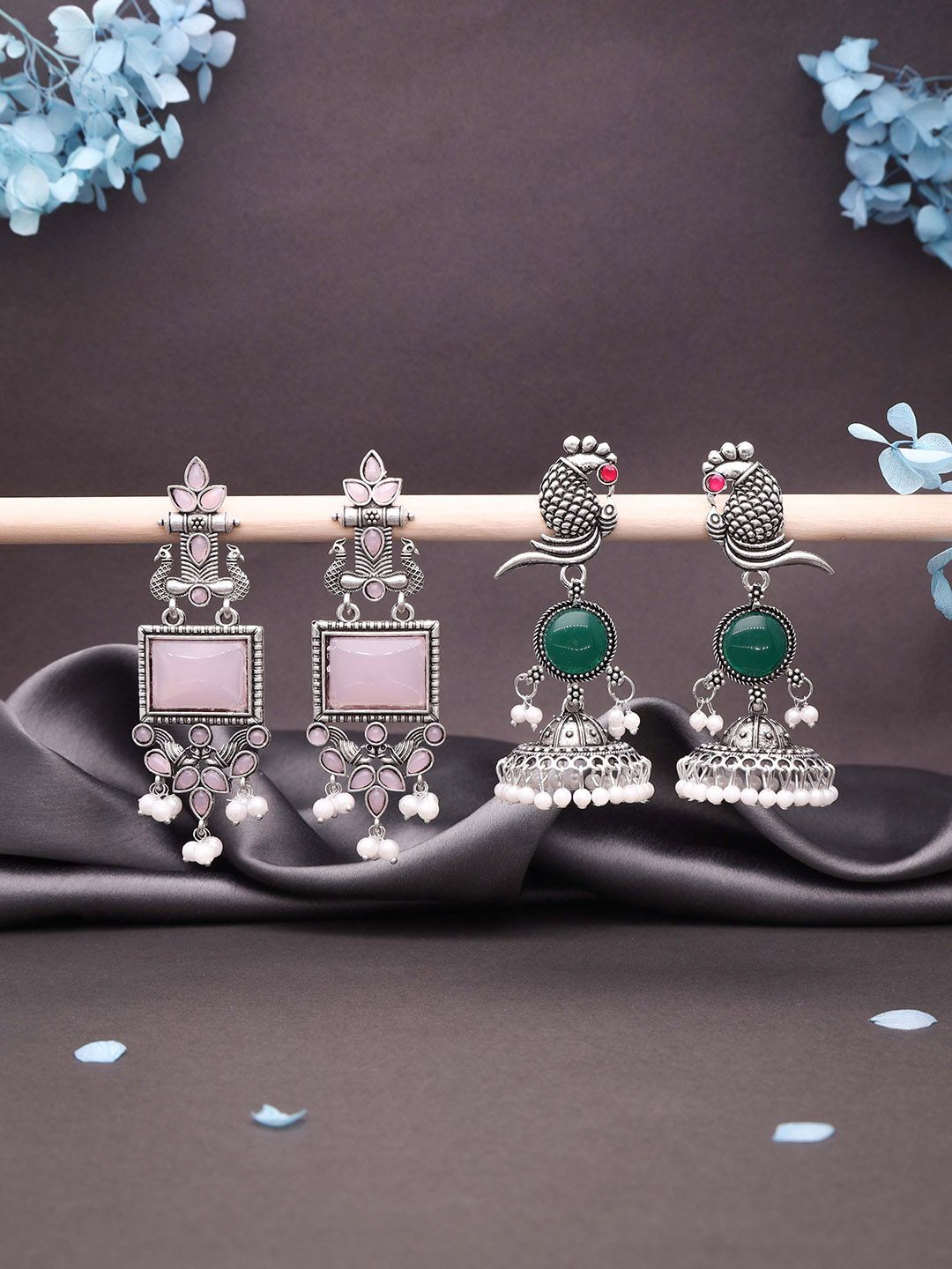 Sangria Set Of 2 Silver-Plated Artificial Stones Studded and Beads Beaded Drop Earrings-picture-14