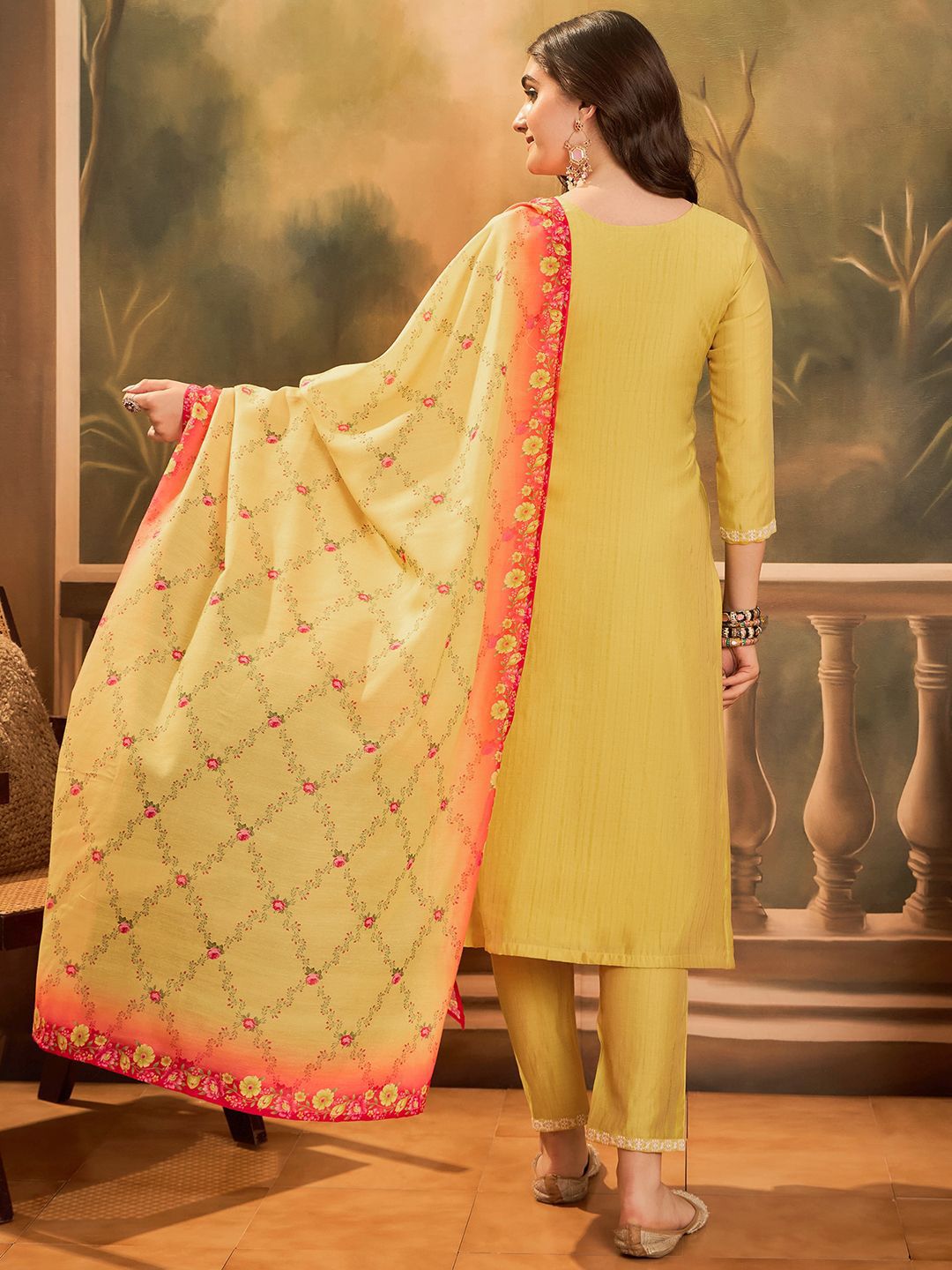 Women Red Embroidered Straight Kurta Trousers With Dupatta Set