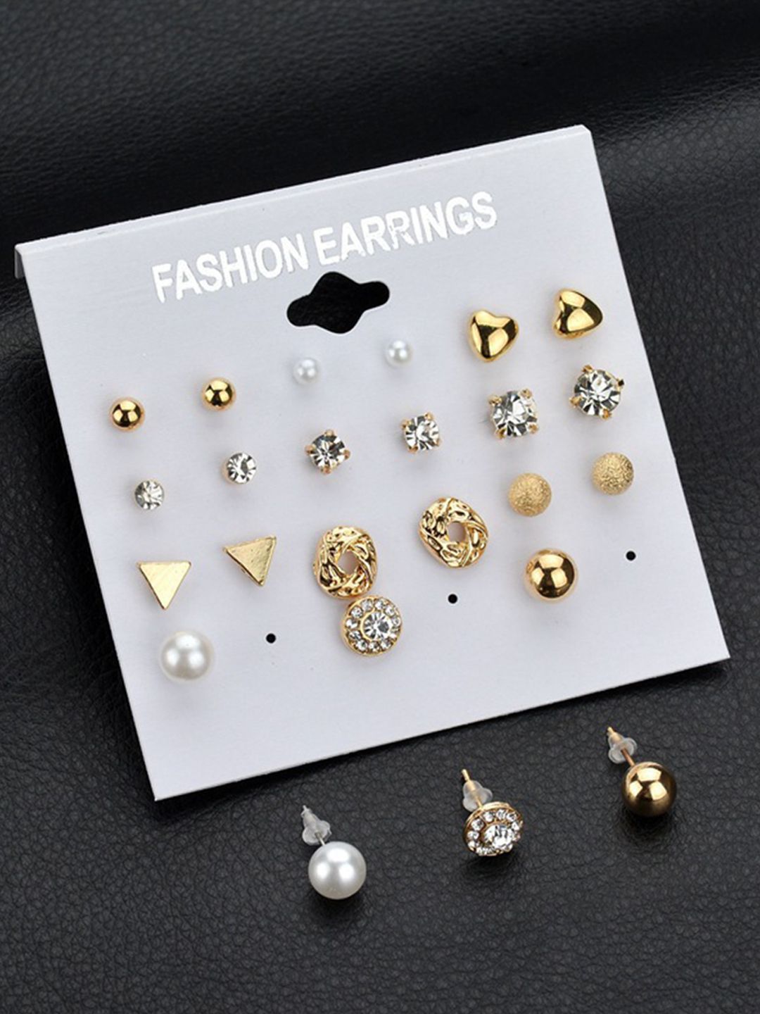 DressBerry Set Of 12 Gold-Plated Pearls Studded Contemporary Studs-picture-22