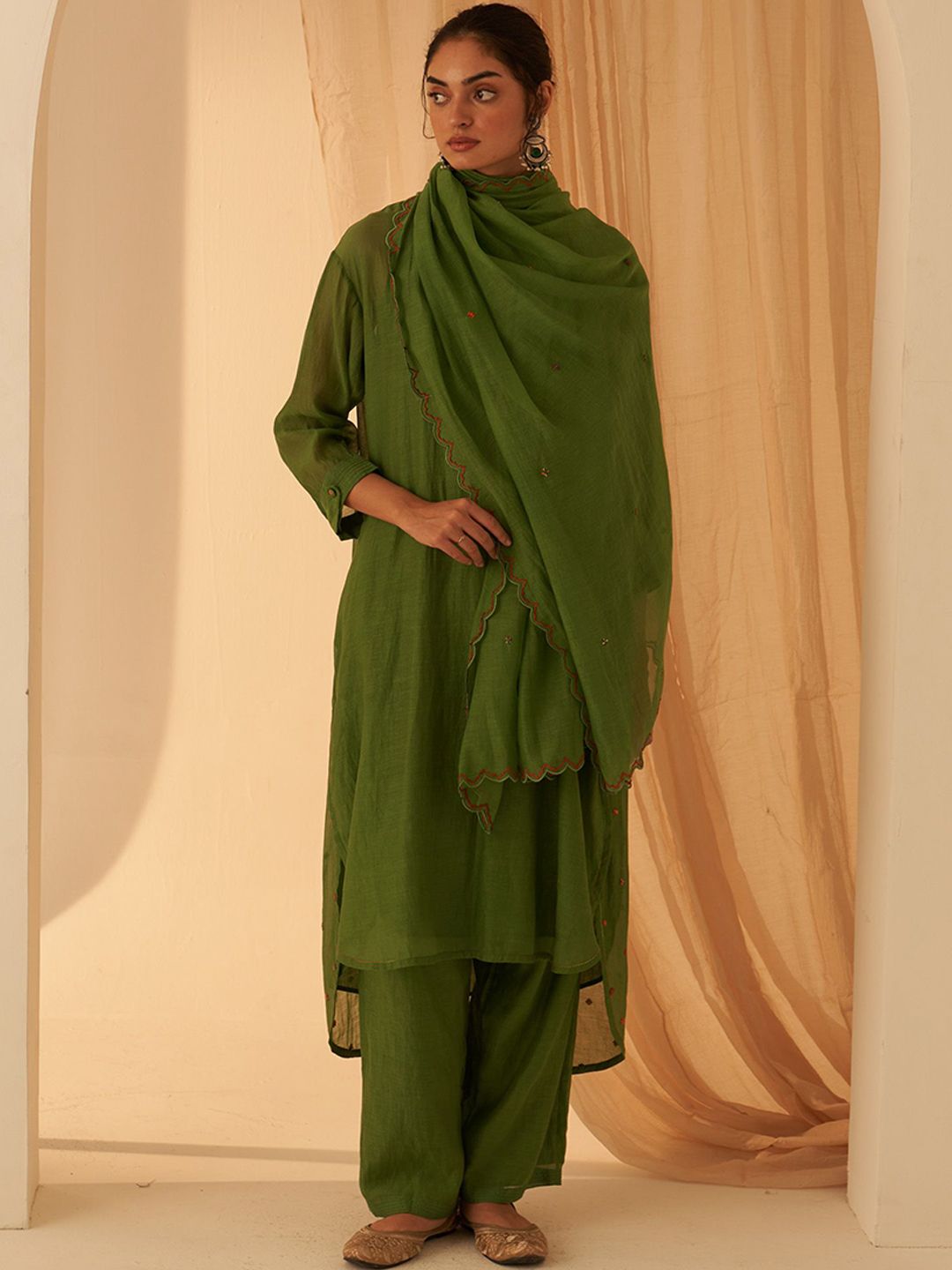 JANKI INDIA Floral Embroidered Thread Work Chanderi Silk Kurta With Palazzos & Dupatta-image-40