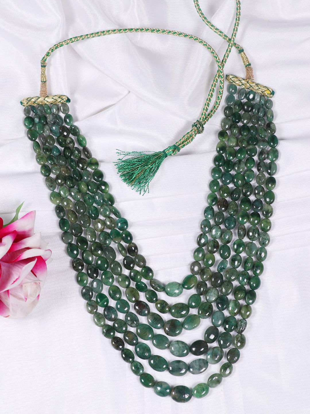 Raj Gems 925 Sterling Silver Emerald Gemstone Beaded Layered Necklace-image-27
