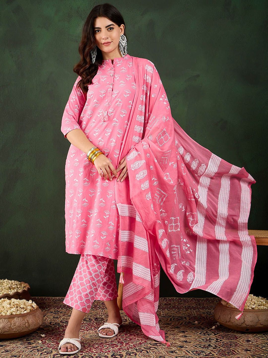 Sangria Floral Printed Pure Cotton Mandarin Collar Straight Kurta With Trouser & Dupatta-picture-18