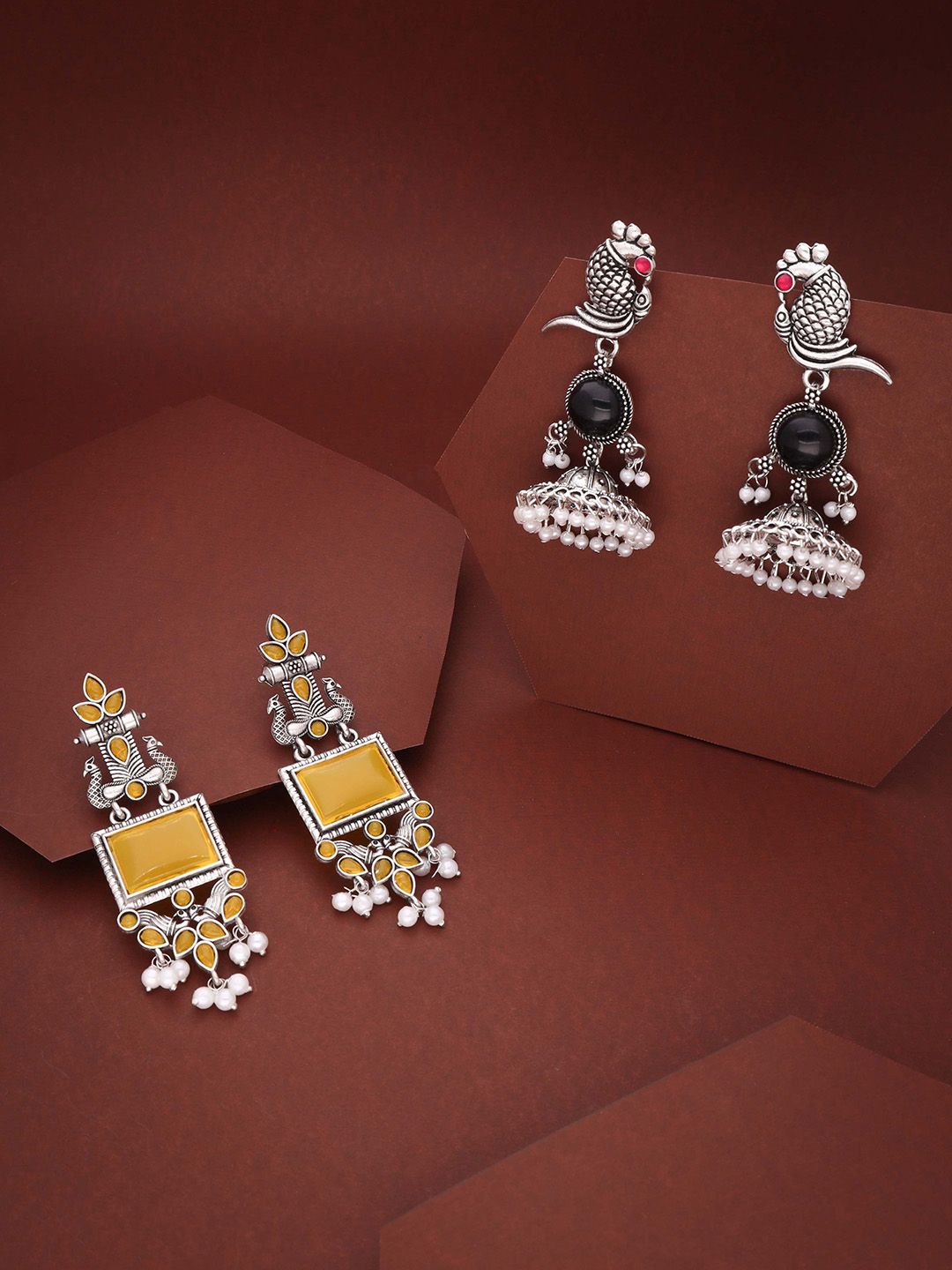 Sangria Set Of 2 Silver-Plated Artificial Stones Studded and Beads Beaded Drop Earrings-image-24