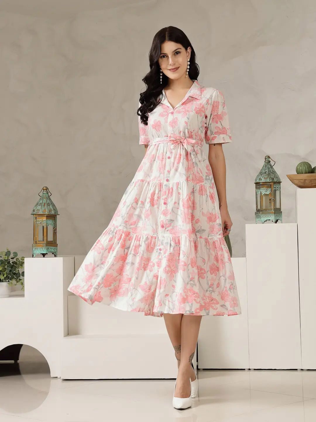 PALSIYA PRESENTS Floral Printed Shirt Collar Tiered Cotton Fit and Flare Dress-picture-16