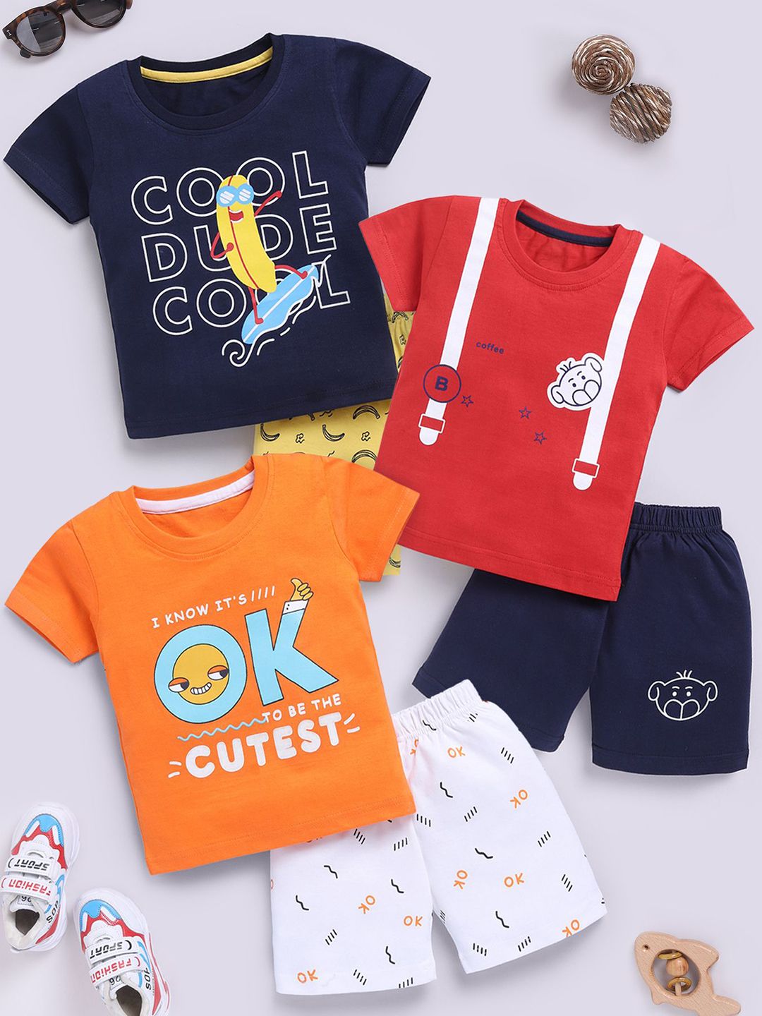 Blushh Berry Boys Pack Of 3 Printed Pure Cotton Short Sleeves T-shirt With Shorts