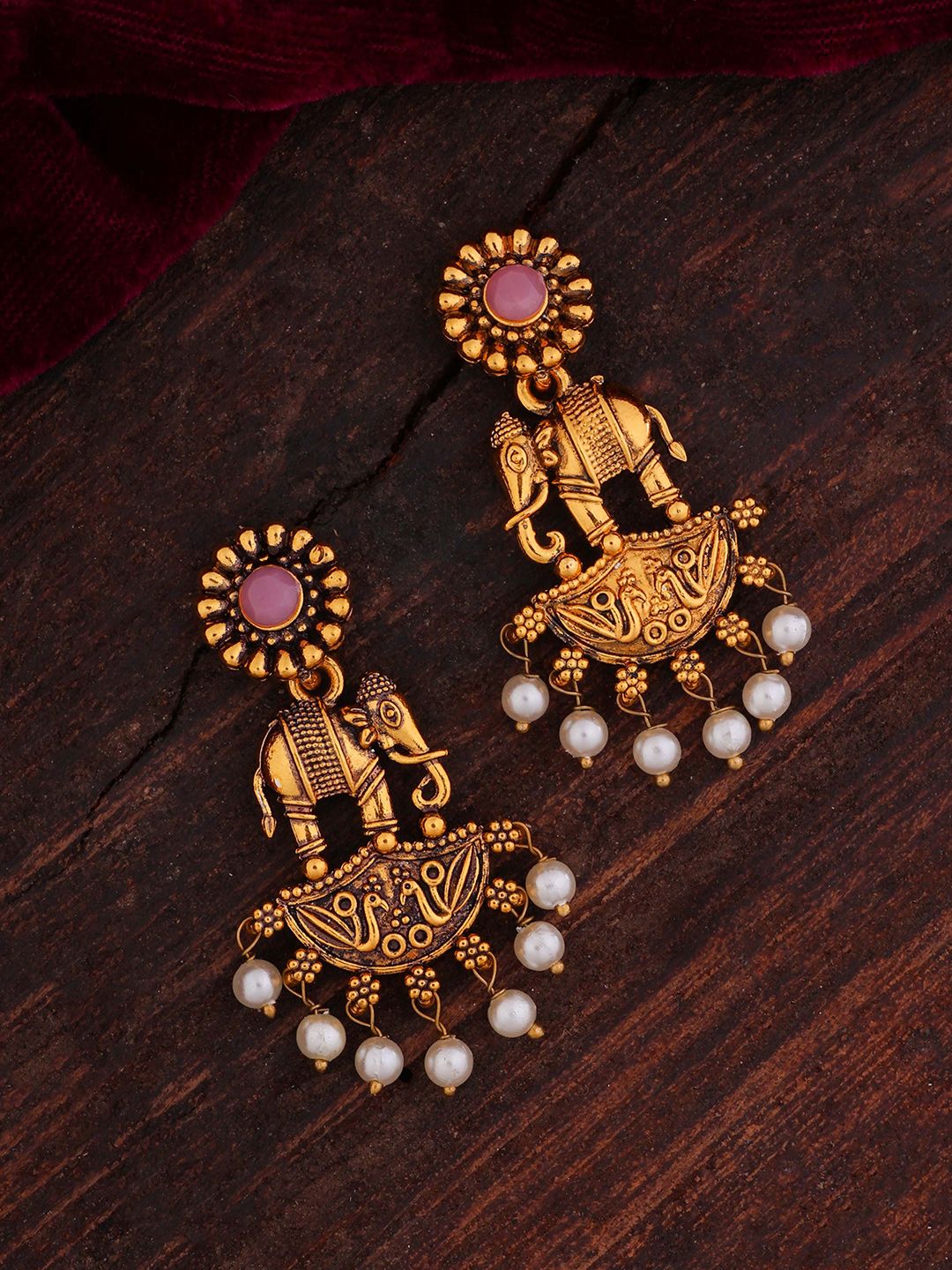 SHONA'S STYLE Brass-Plated Garnet & Pearls Beaded Elephant Shaped Antique Drop Earrings-picture-23