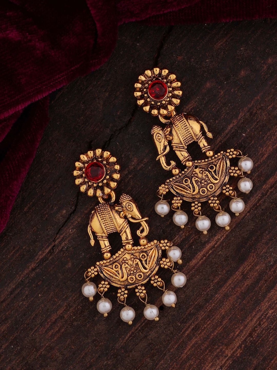 SHONA'S STYLE Brass-Plated Garnet & Pearls Beaded Elephant Shaped Antique Drop Earrings-picture-36