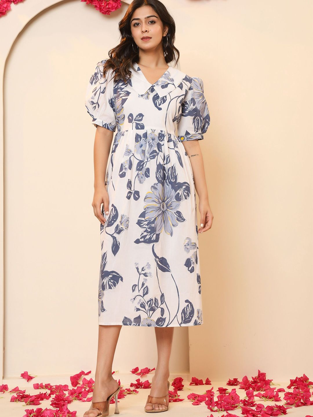 SHRIZA Women Floral Print Peter Pan Collar Puff Sleeve Fit and Flare Midi Dress-picture-16