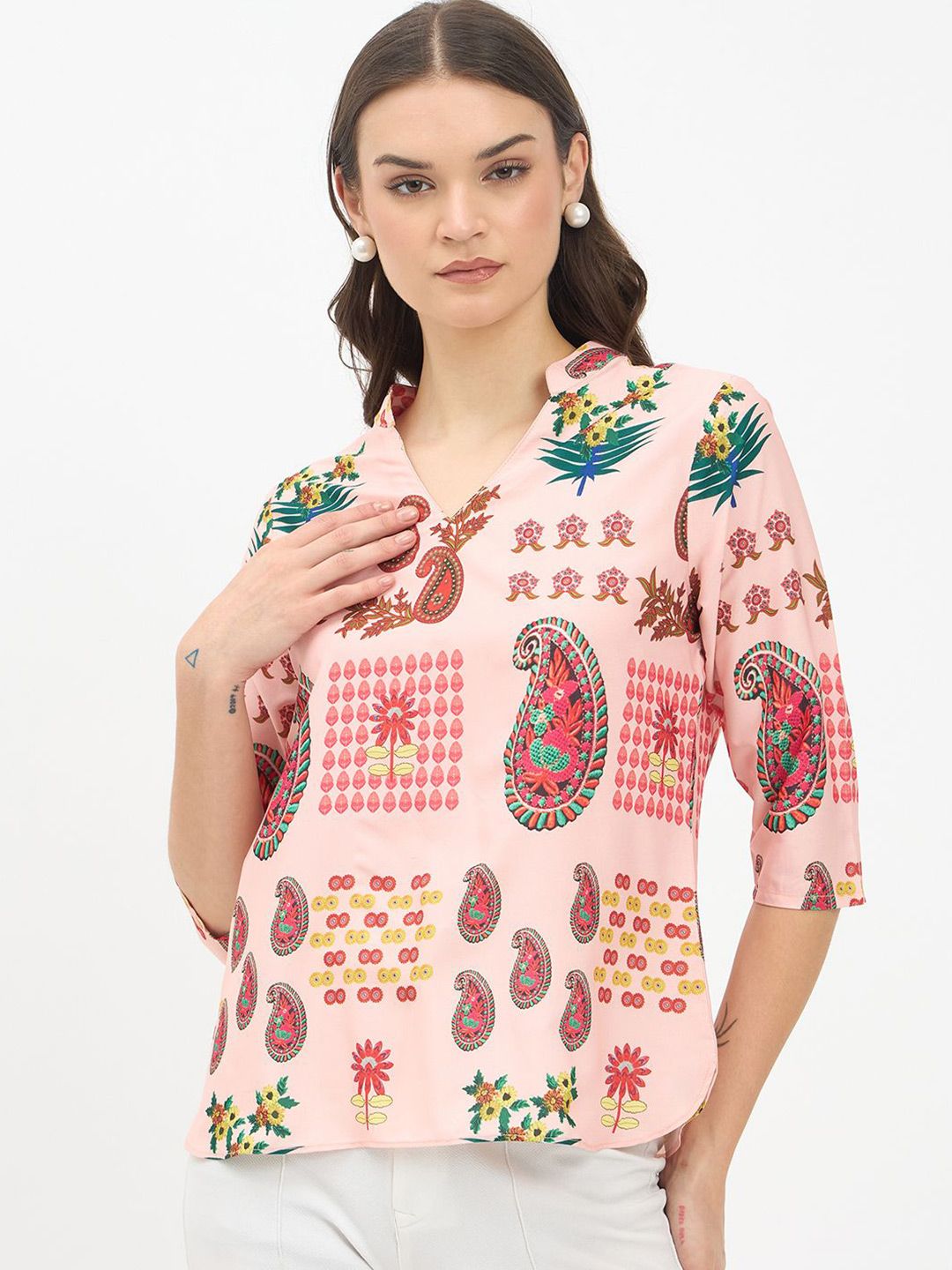 Imfashini Women Floral Printed Mandarin Collar Ethnic Crepe Blouson Top-picture-11