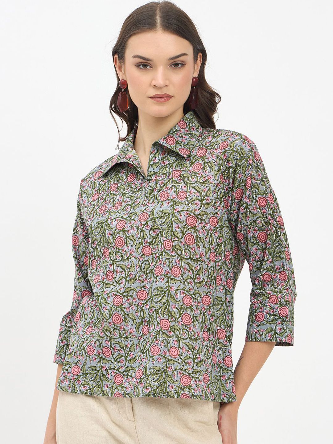 Imfashini Women Floral Print Shirt Collar Cotton Shirt Style Top-picture-21