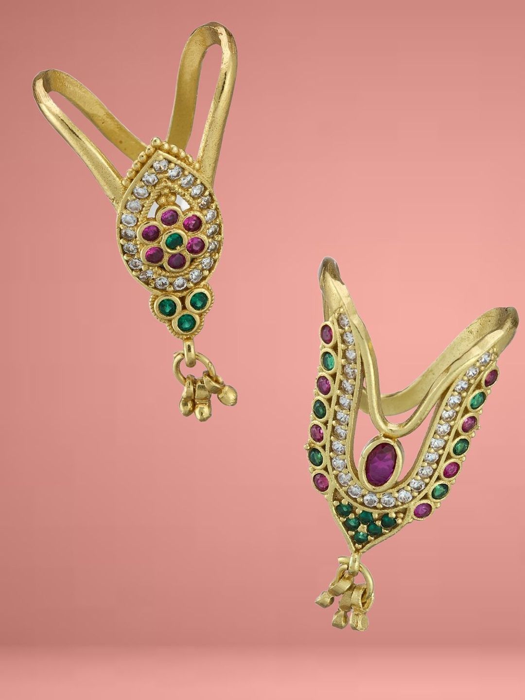 ATIBELLE Set Of 2 Gold Plated Cubic Zirconia studded Vanki- Shaped Beaded Finger Rings