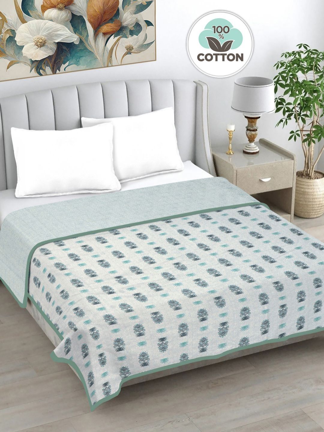 FABINALIV Turquoise Blue & Grey Floral Printed AC Room 233GSM Pure Cotton Double Bed Dohar-picture-16