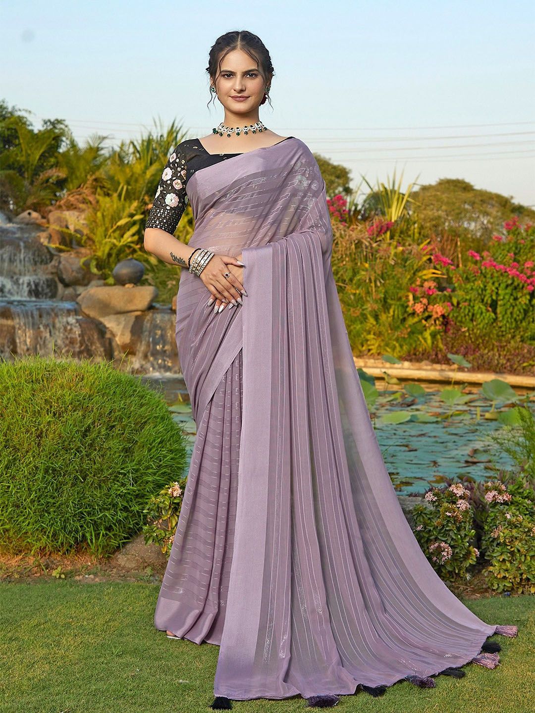 K 5 Fashion Women Striped Pure Chiffon Saree-picture-31