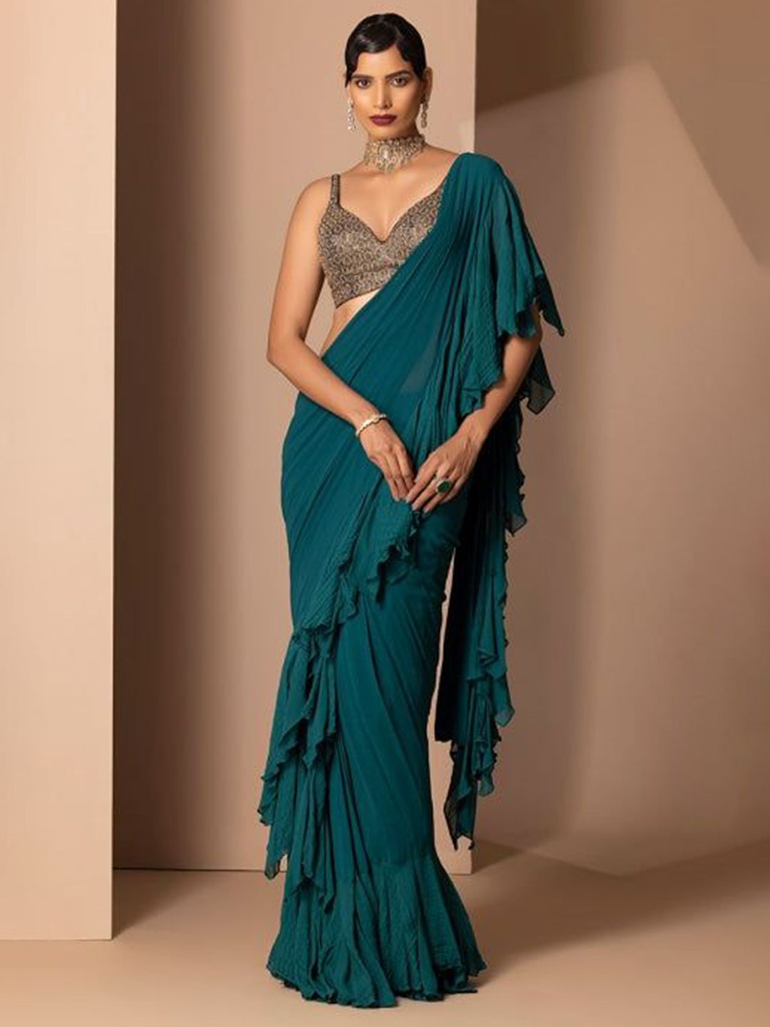 Chhaya Mehrotra Women Solid Pure Georgette Saree-image-23