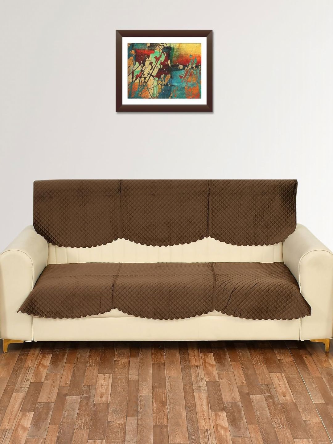 Aura Camel Brown Checked 3 Seater Velvet Sofa Cover-image-21