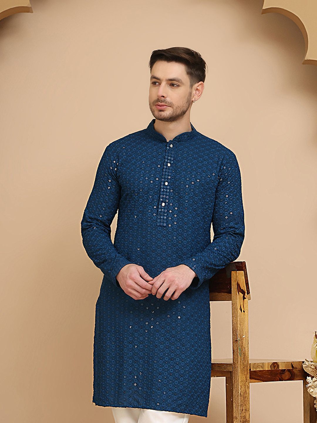 Jompers Floral Embroidered Mandarin Collar Sequinned Pure Cotton Straight Kurta-picture-25