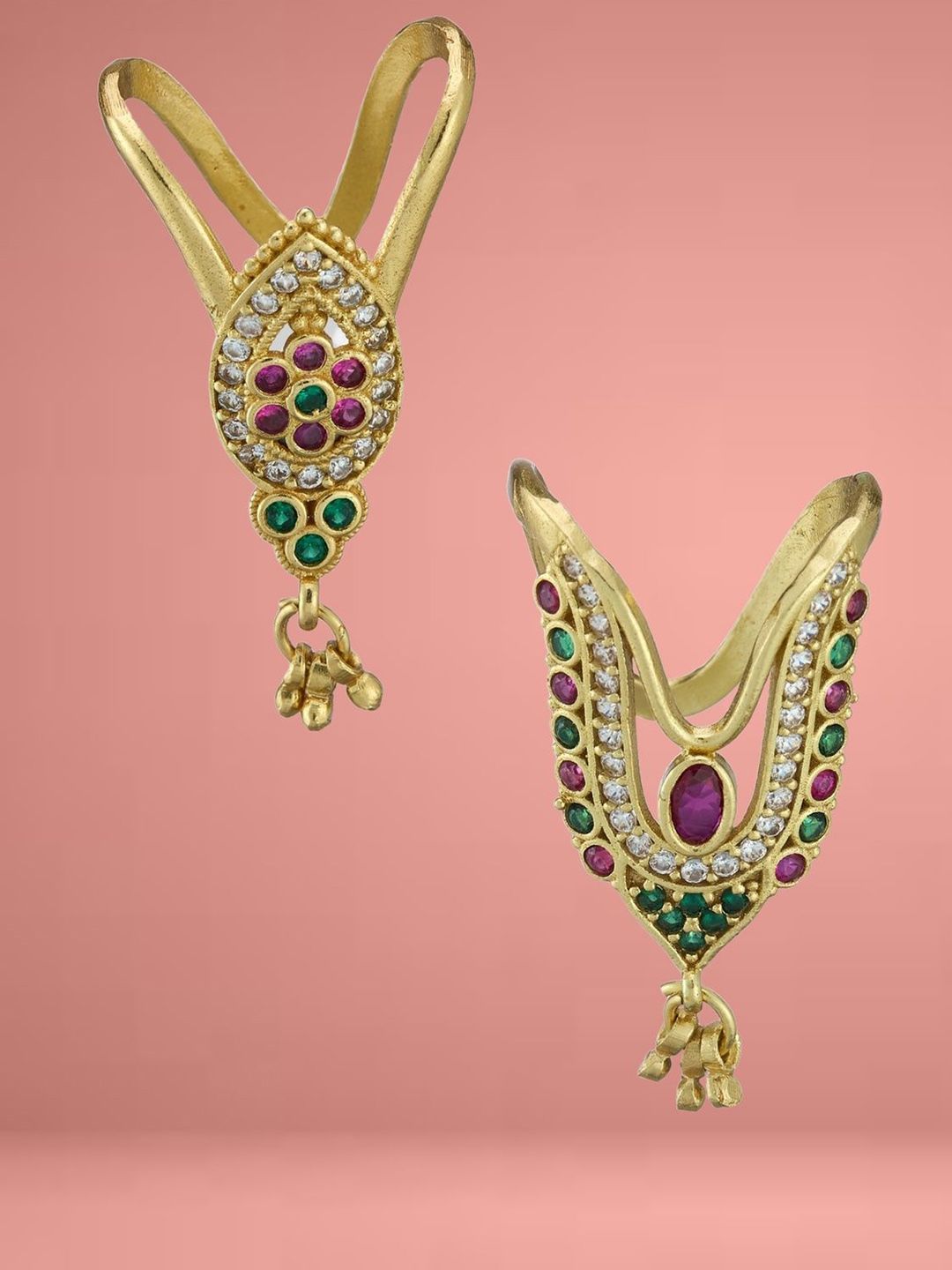 ATIBELLE Set Of 2 Gold Plated Cubic Zirconia studded Vanki- Shaped Beaded Finger Rings
