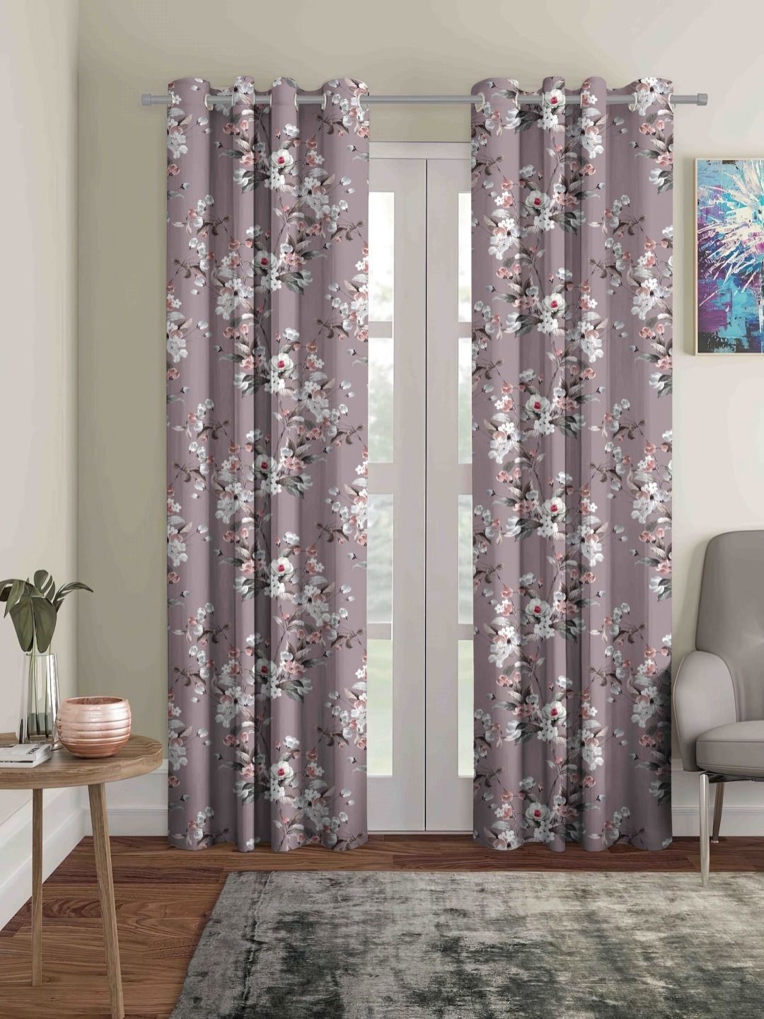 myntra elegant homes Aura Lavender & Grey 2 Pieces Floral Printed Black Out Long Door Curtain-picture-32