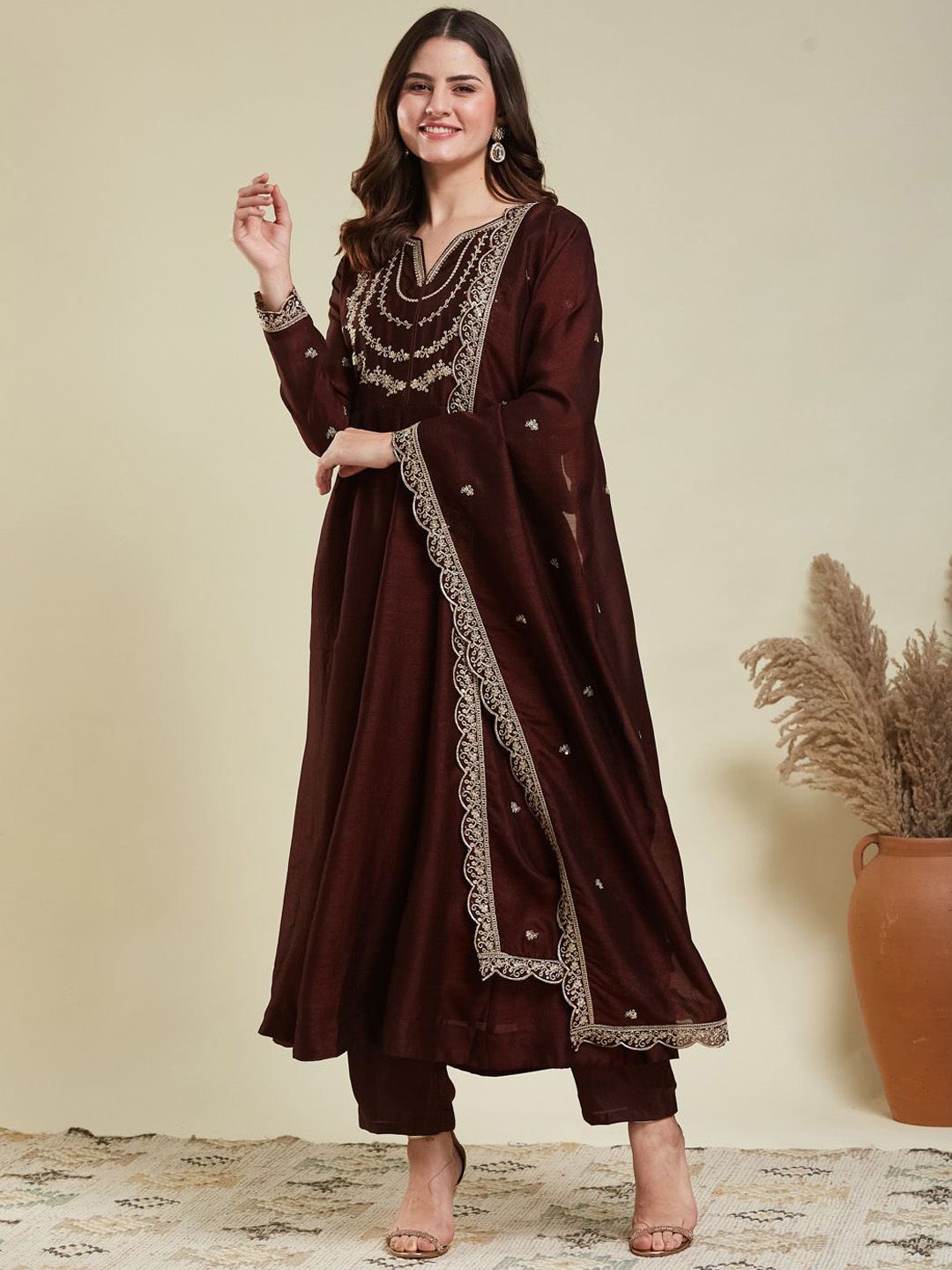 MOKOSH Ethnic Motifs Embroidered Notch Neck Anarkali Kurta With Trousers & Dupatta-picture-13