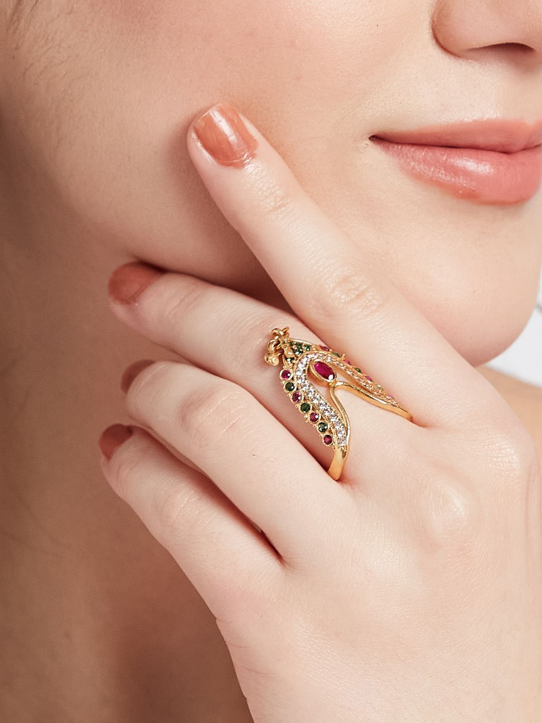 ATIBELLE Set Of 2 Gold Plated Cubic Zirconia studded Vanki- Shaped Beaded Finger Rings