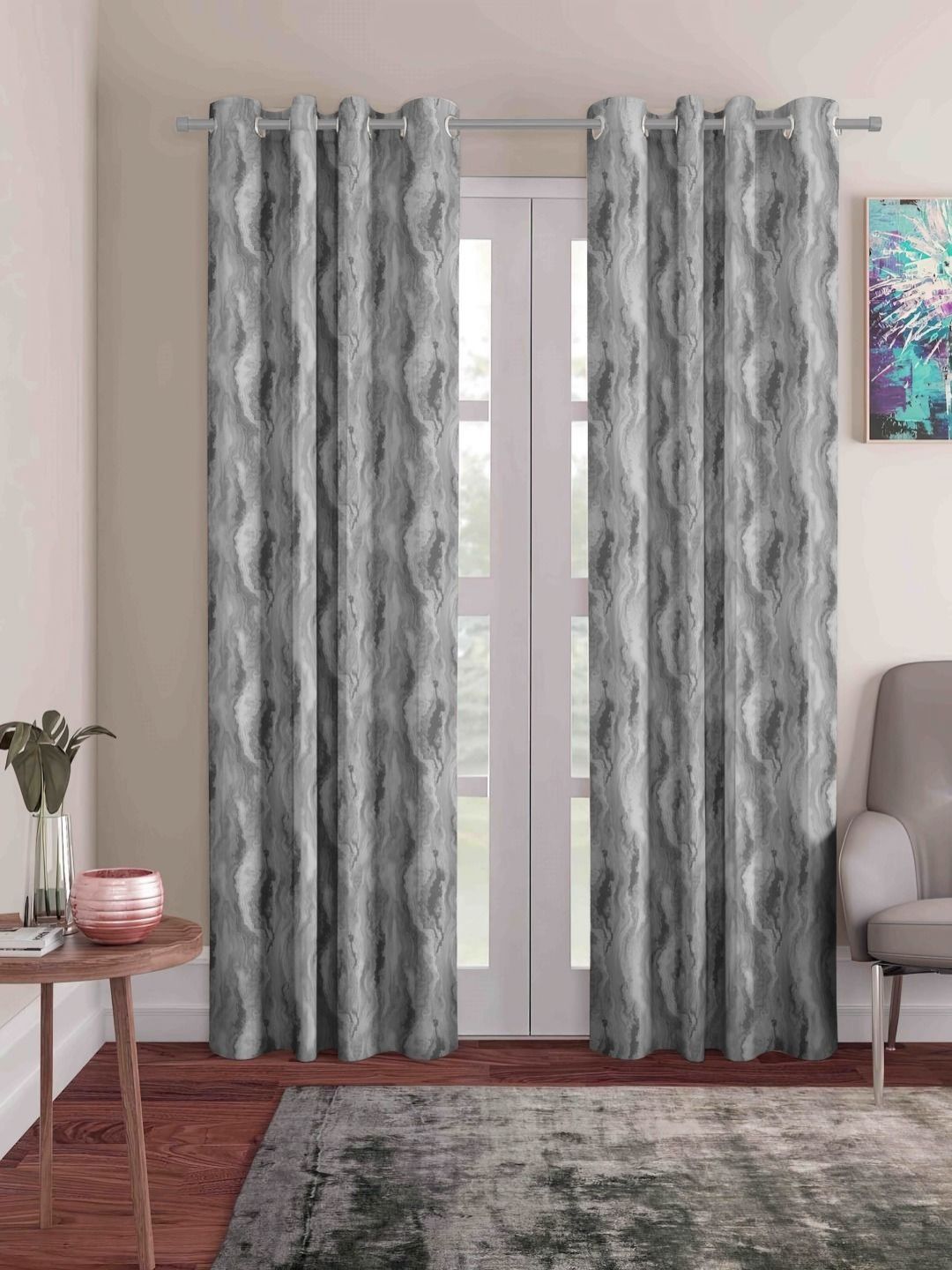 myntra elegant homes Aura Grey & Black 2 Pieces Printed Black Out Long Door Curtains-picture-22