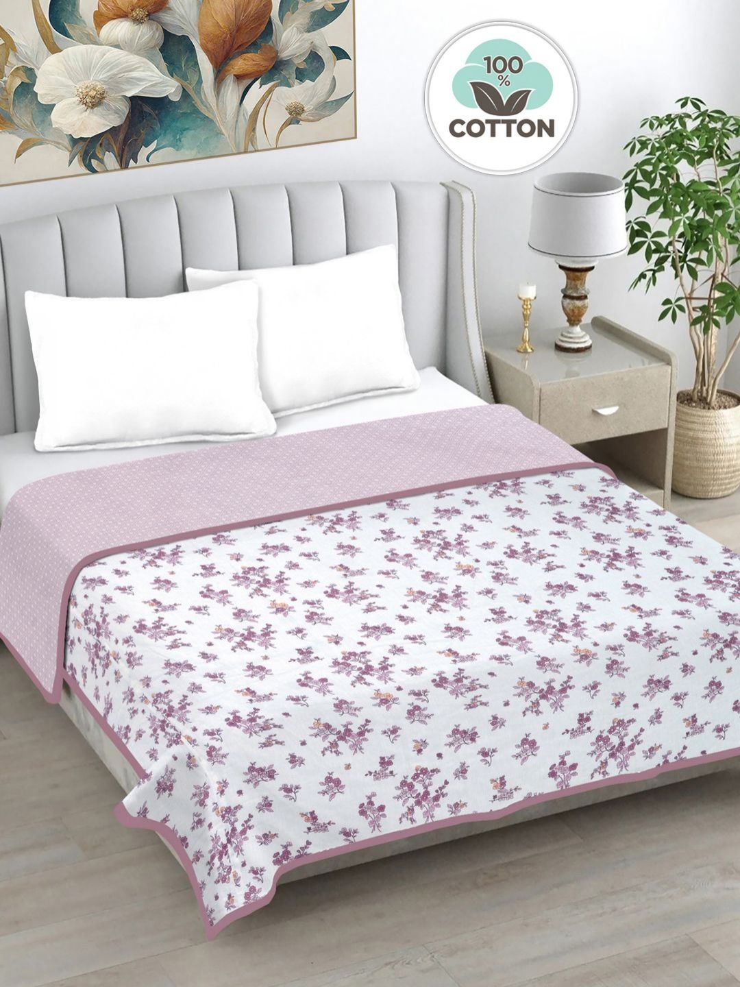 FABINALIV Pink & White Floral Printed AC Room 233 GSM Pure Cotton Double Bed Dohar-image-8