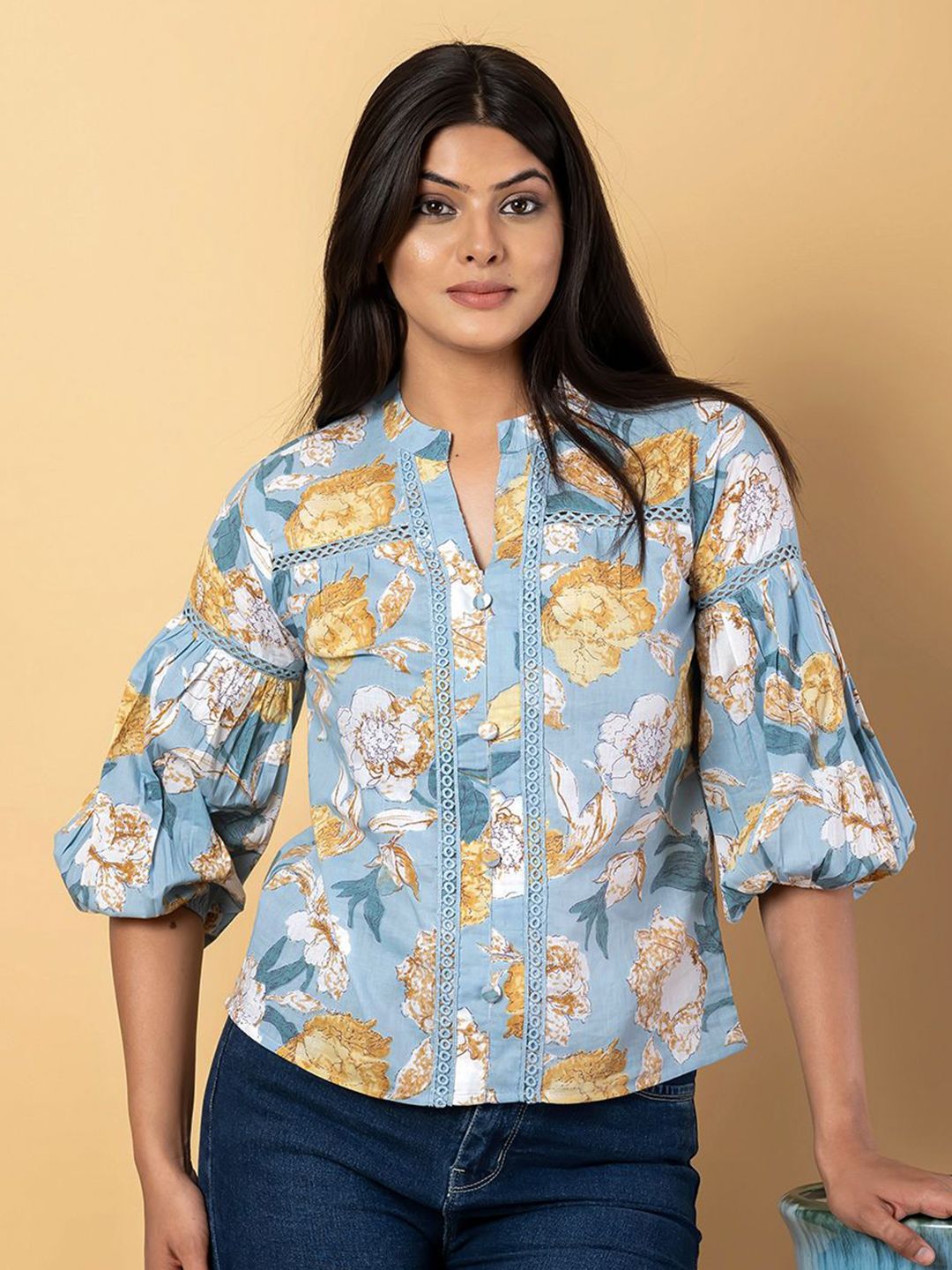 KALINI Women Floral Print Mandarin Collar Puff Sleeve Cotton Top-picture-8