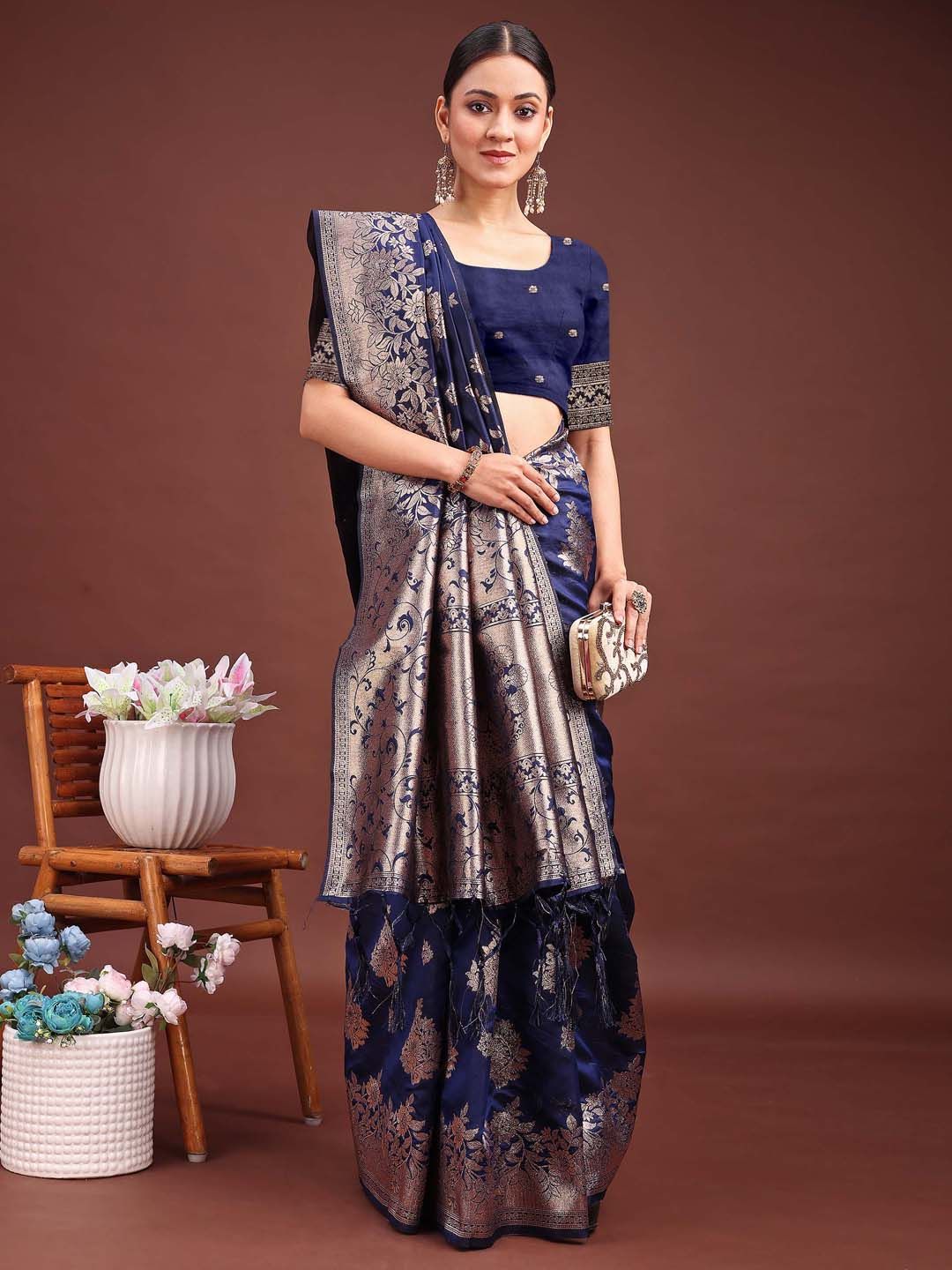 Grey Zari Woven Embroidered Silk Blend Banarasi Saree