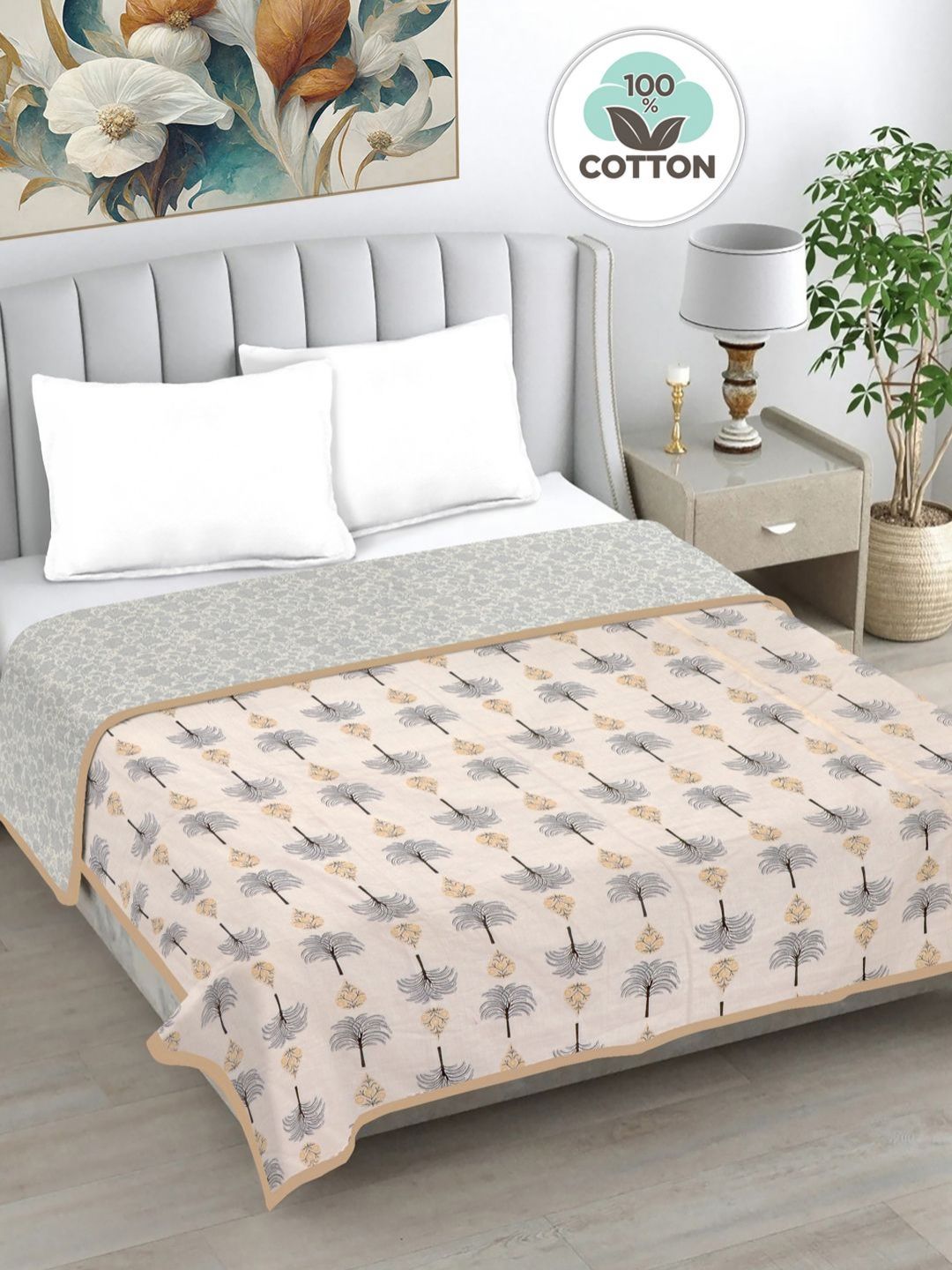 FABINALIV Grey & Peach Floral Printed AC Room 233 GSM Pure Cotton Double Bed Dohar-picture-33