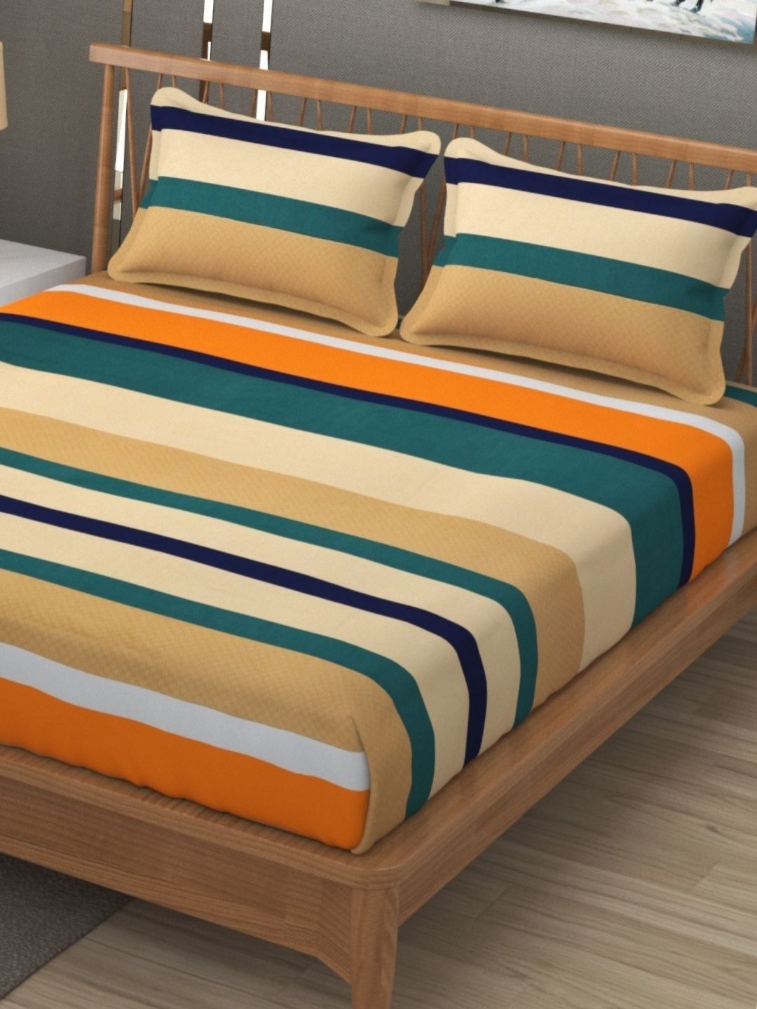 SEJ by Nisha Gupta Beige Striped Microfiber 300TC Queen Bedsheet Set 2.28m x 2.40m-picture-15