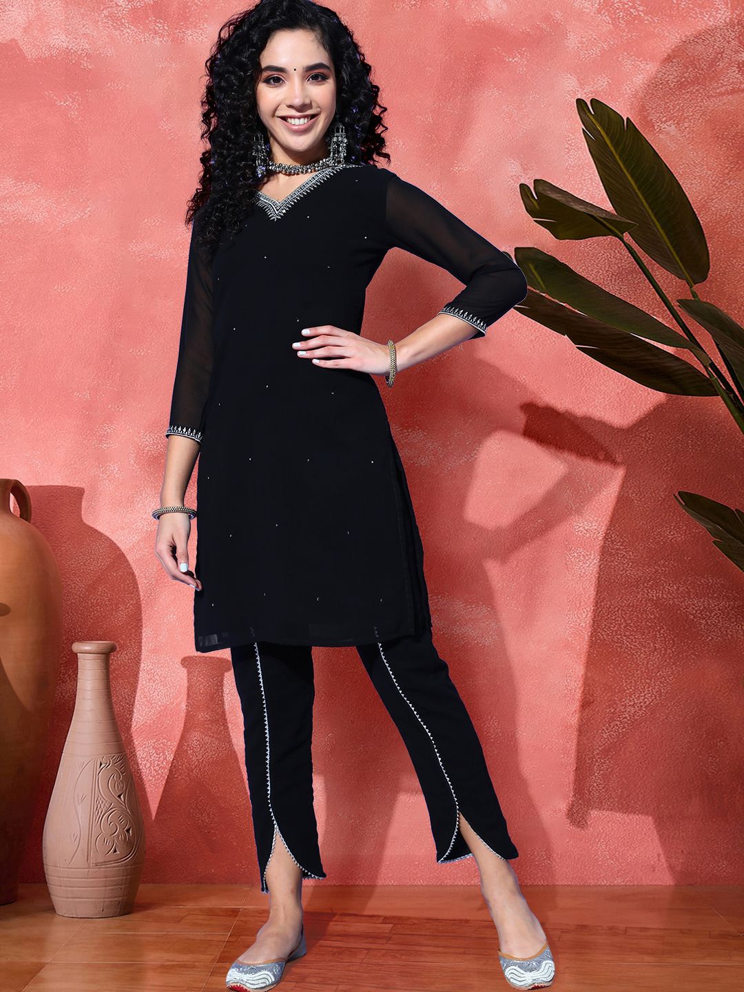 Sangria Sequence Floral Embroidered Georgette V-Neck Straight Kurta With Trousers-picture-16