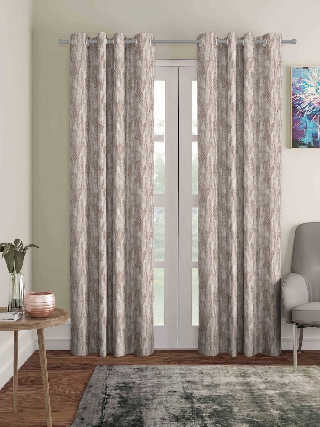 myntra elegant homes Aura Beige & White 2 Pieces Geometric Printed Black Out Door Curtains-picture-32