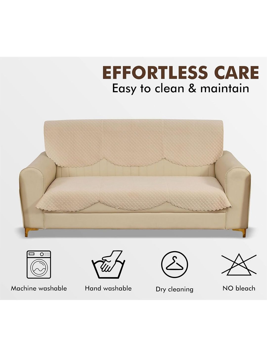 Aura Beige Solid Velvet 3 Seater Sofa Cover-picture-24