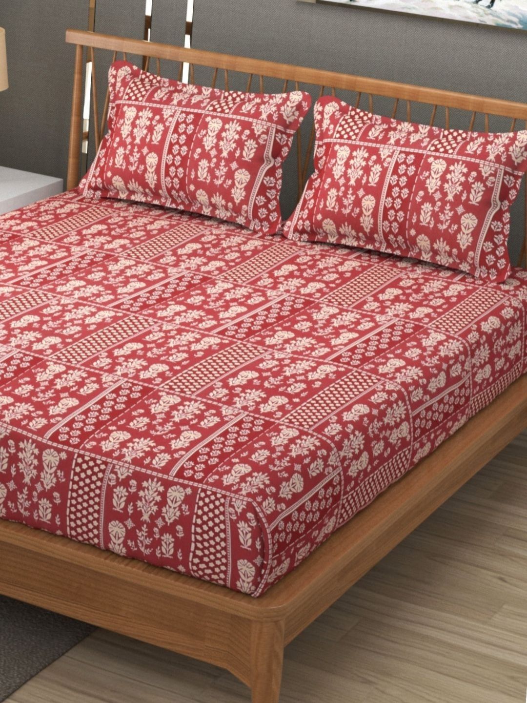 SEJ by Nisha Gupta Maroon & White Floral Microfiber 300TC Queen Bedsheet Set 2.28m x 2.40m-picture-11