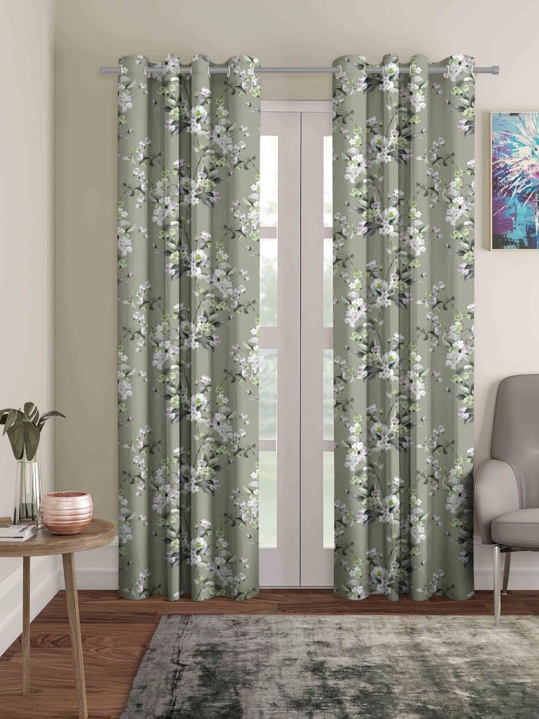 myntra elegant homes Aura Green & White Set of 2 Floral Black Out Long Door Curtain-picture-33