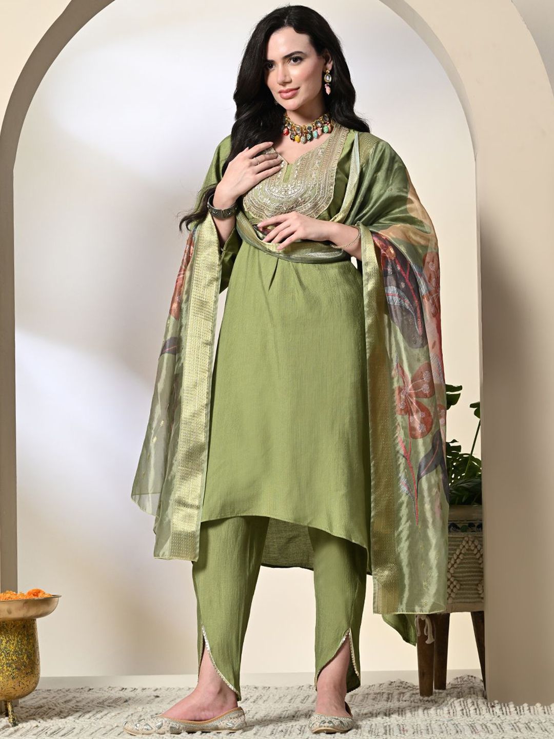 Orni Fashion Red Ethnic Motifs A-Line Kurta Bottom And Dupatta Set