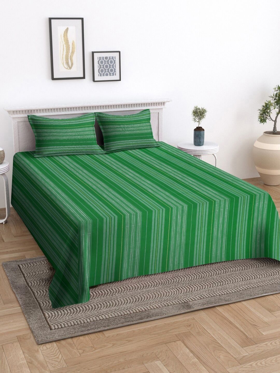 Myntra Elegant Homes Green Striped Cotton Double King Bed Cover-image-43