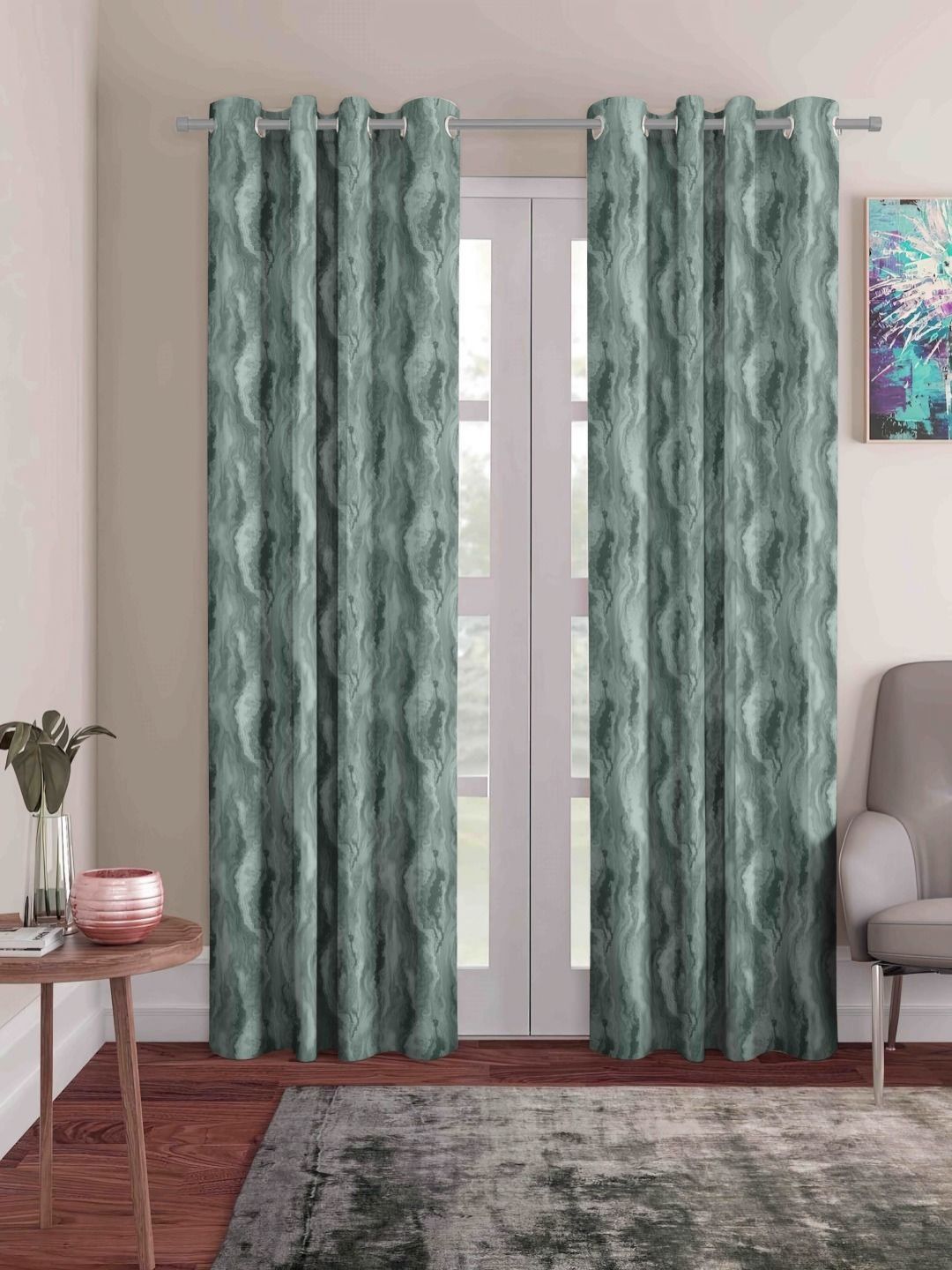 myntra elegant homes Aura Green & Black 2 Pieces Printed Black Out Door Curtains-picture-18