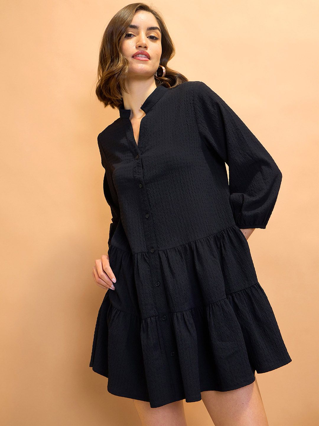 CORSICA Puff Sleeves Seersucker Tiered Shirt Dress-picture-14